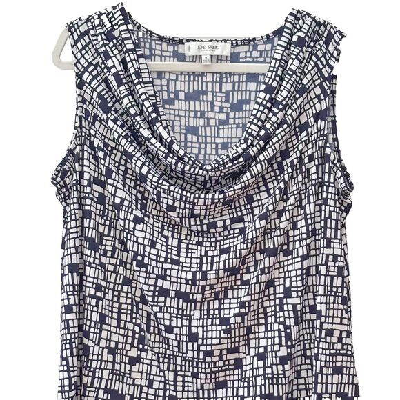 Jones Studio NY Sleeveless Blouse (1X), Drape Cowl Neck, White w/Blue Print NWOT - Picture 4 of 11